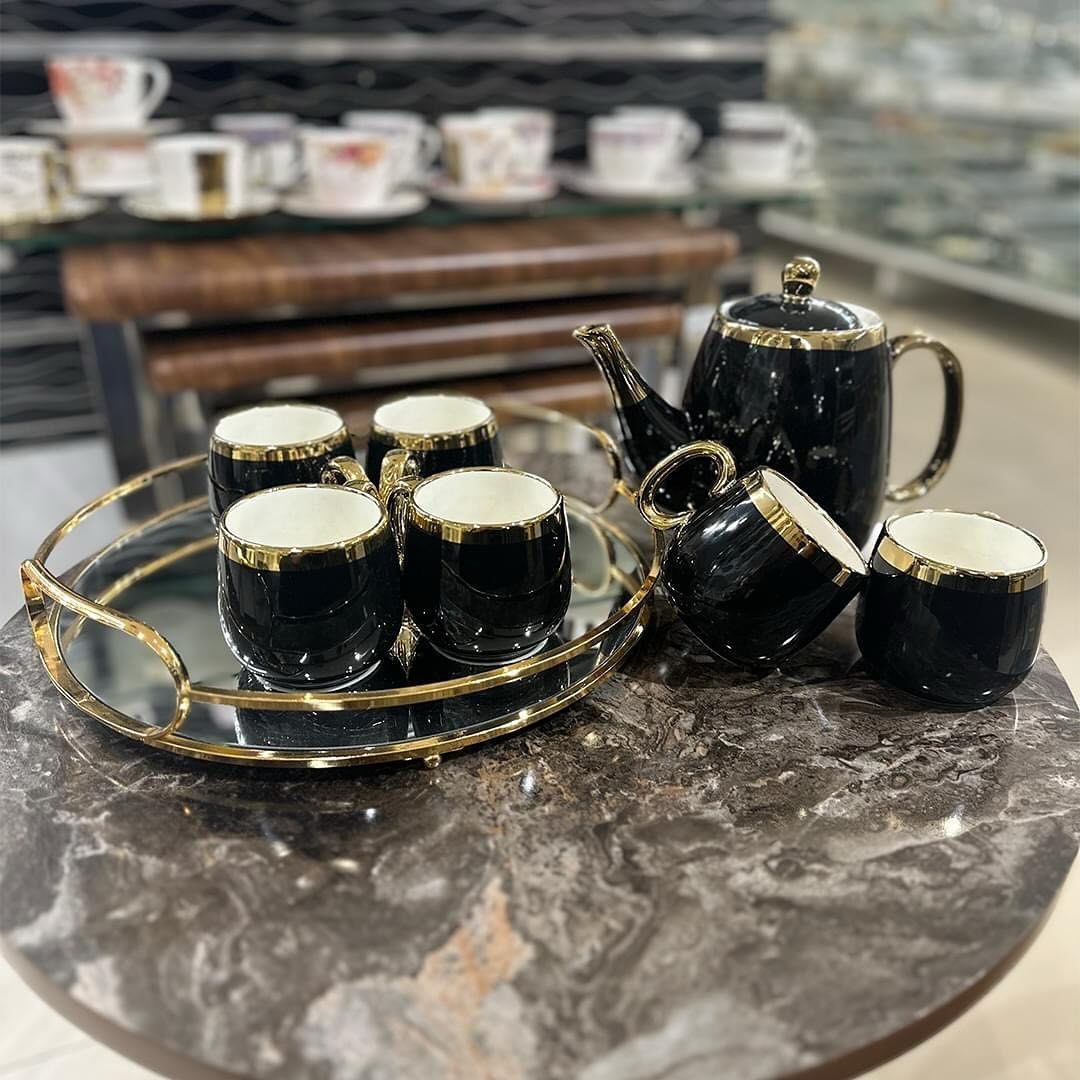 Black Tea Set With Cups And Tray